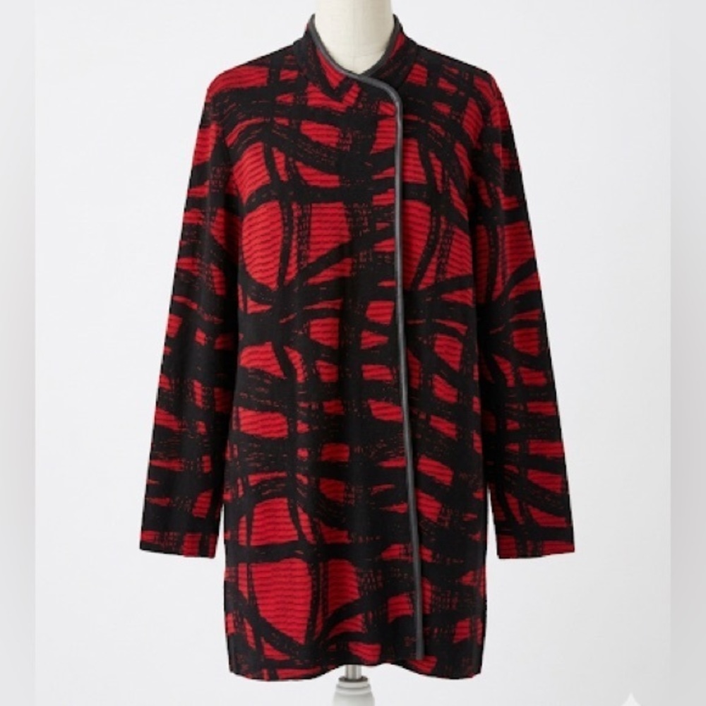 Ming Wang Red & Black Abstract Knit Statement Jacket Faux Leather Trim Size L